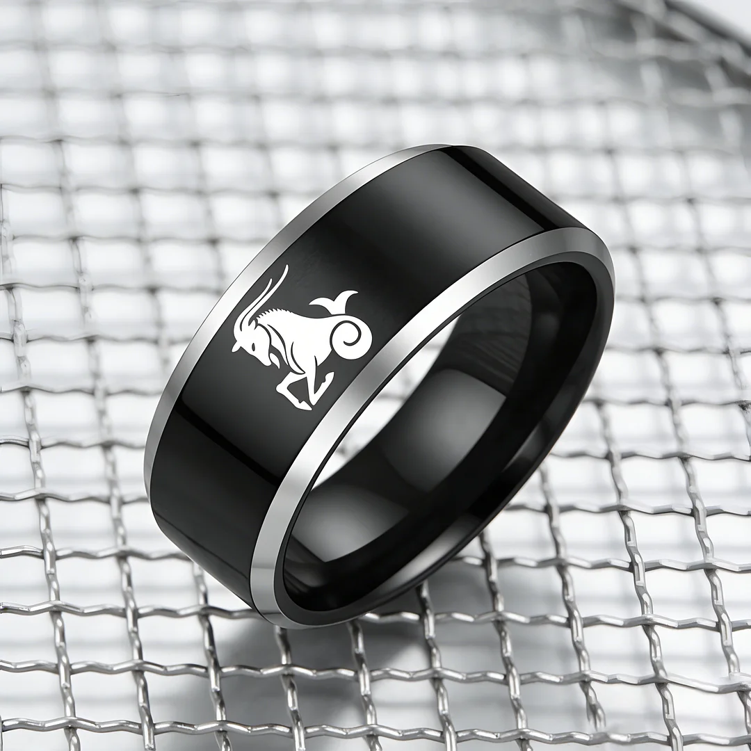 Mens Womens Black Capricorn Tungsten Carbide Rings Black Edges and Laser Etched Wedding Bands Comfort Fit 4MM 6MM 8MM