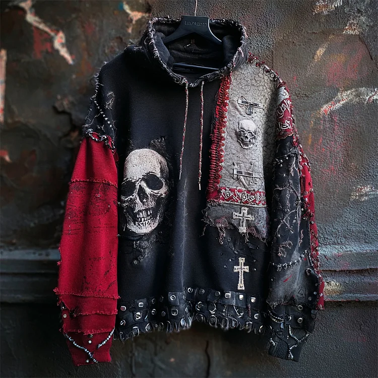 Dark Rock Skull & Crossbones Men's Vintage Patchwork Hoodie