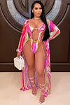 2 Pcs Printed Cardigan Cutout One Piece Bikini Swimsuit Set