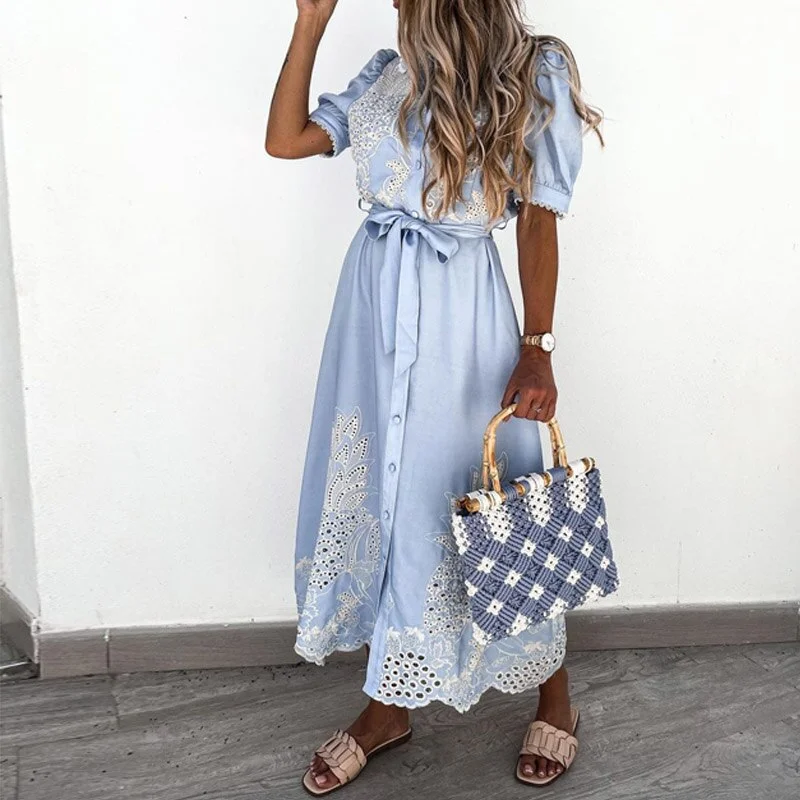 Embroidery Long Dress Women Summer Puff Sleeve Hollow Out Party Dress 2021 Sexy Lace Patchwork Tie-Up Belted Shirt Dress