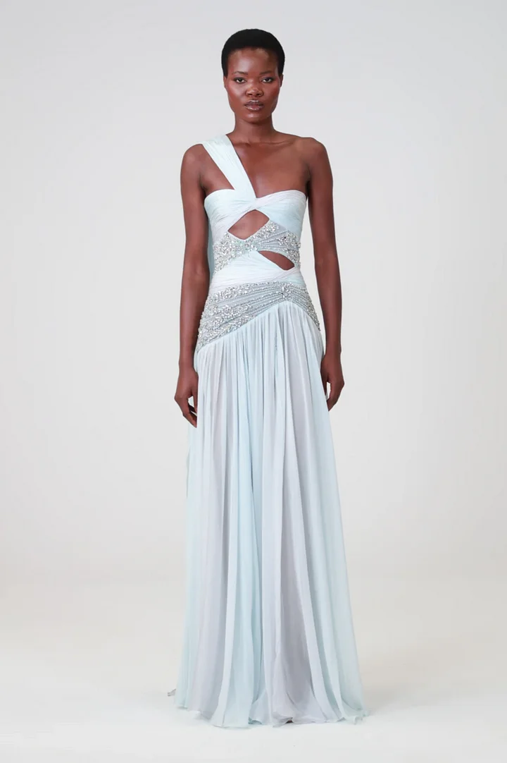 Lussooy Charming Blue Sleeveless One Shoulder Evening Dress with Sequins