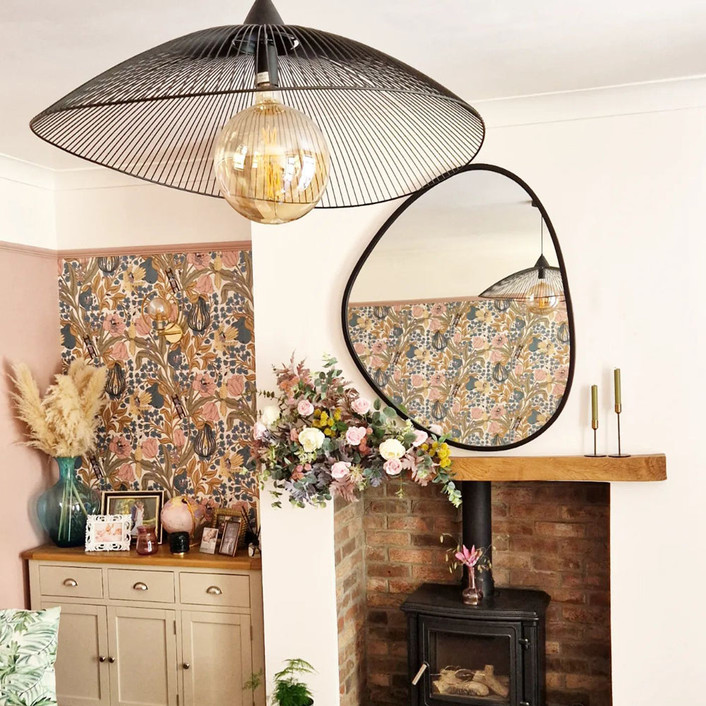 Single Black Pendant Light with Curved Metal Threads