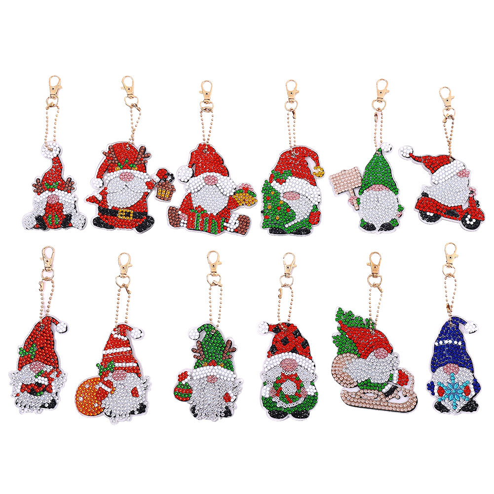 12pcs Diamond Keychain Rhinestone DIY Key Ring Santa Claus Christmas Decor Gifts