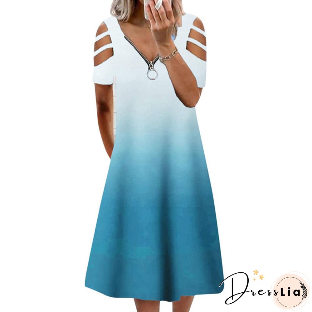 Xs-5Xl Summer New Casual Short-Sleeved Zipper V-Neck Dress Women's Loose Plus Size Dress Fashion Long Skirt