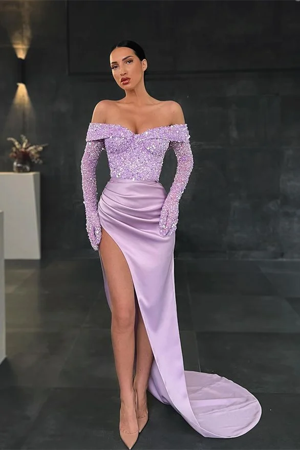 Bellasprom Long Sleeves Sequins Prom Dress Mermaid With Slit Off-the-Shoulder