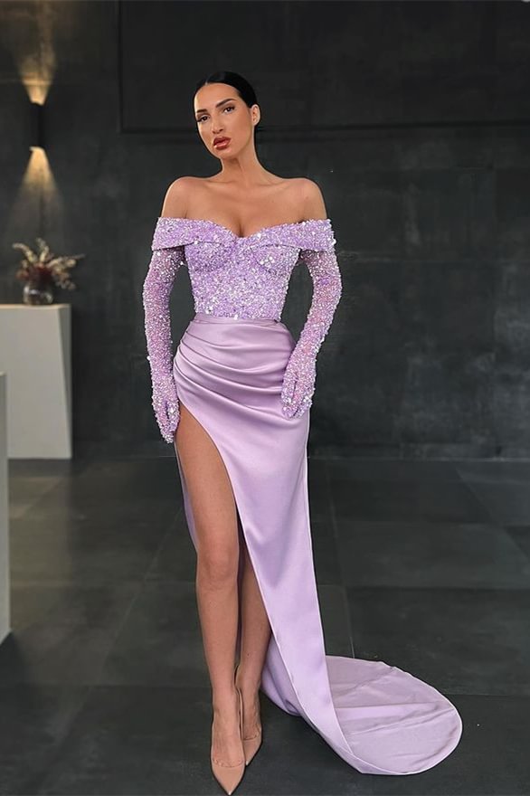 Gorgeous Long Sleeves Off-the-Shoulder Sequins Prom Dress Mermaid With Slit - lulusllly