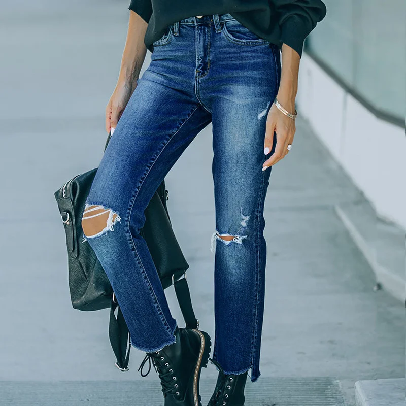 High waist cropped frayed ripped jeans
