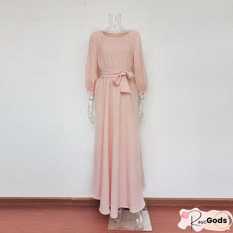 Casual O-Neck Belt A-Line Long Dress Autumn Lantern Sleeve High Waist Elegant Party Floor-Length Dresses For Women