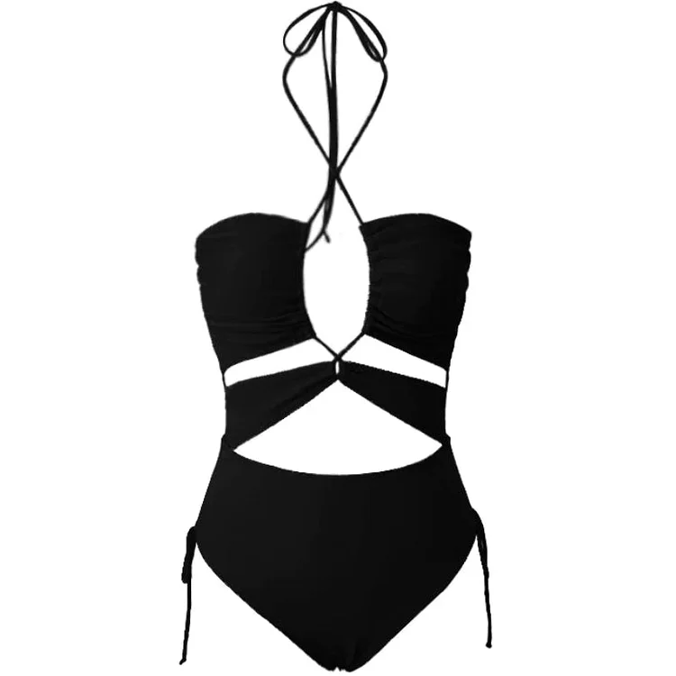 Halter Cutout Drawstring One Piece Swimsuit Flaxmaker