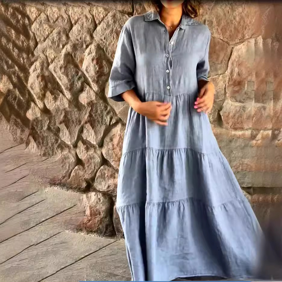 Mature Women's Sweet Turn-down Collar Short-sleeved Cotton And Linen Plus Size Dress