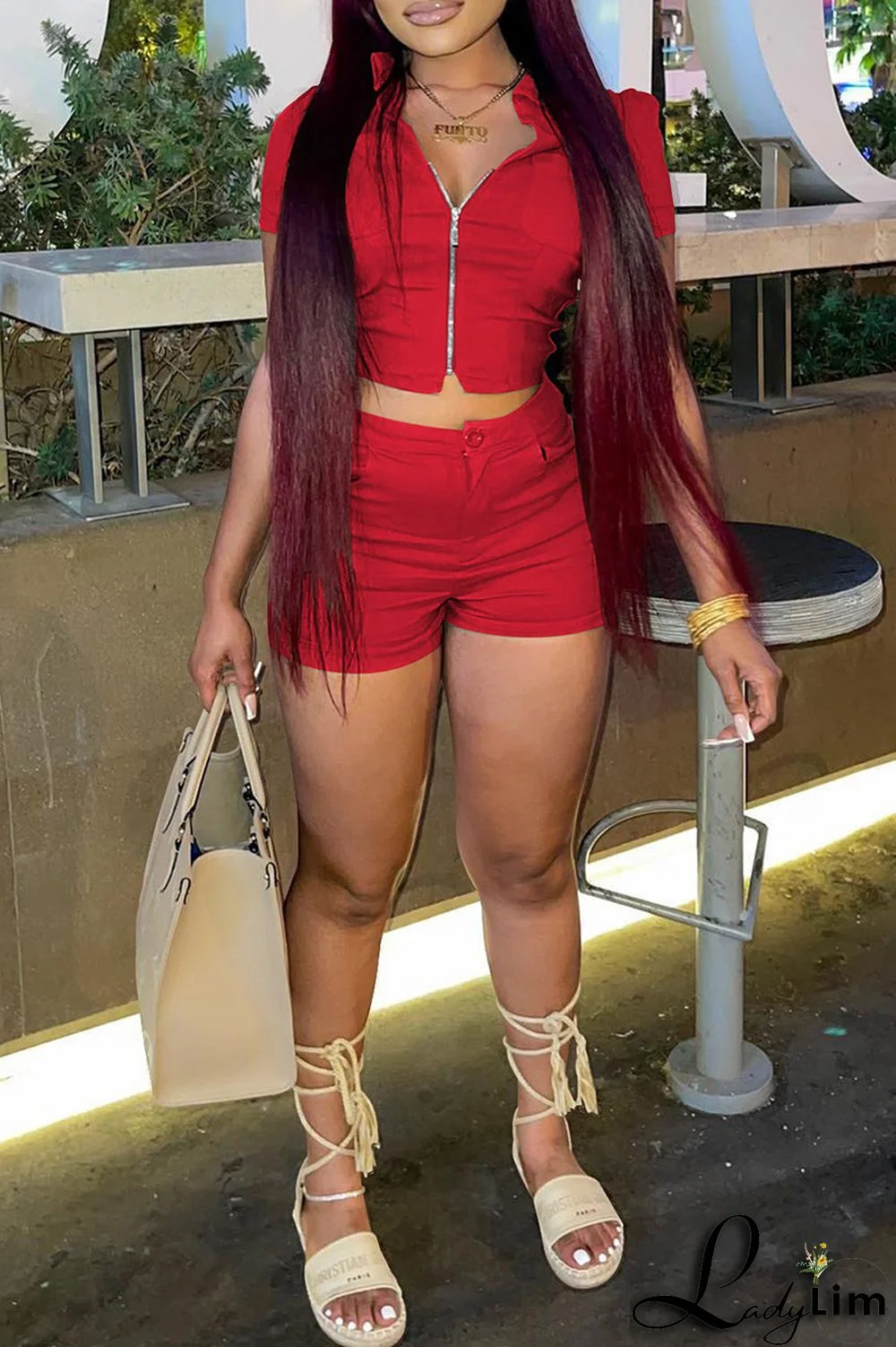 Khaki Fashion Casual Solid Basic Zipper Collar Short Sleeve Two Pieces