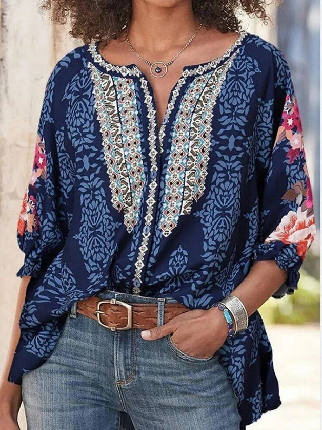 Fashion Scoop Neck 3/4 Sleeve Print Blouse Top