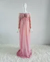 Maternity Pink Long Chiffon Photography Dress Lace Photo Shoot Prop