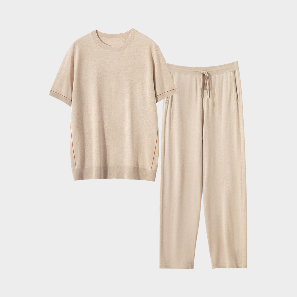Men's Khaki Cashmere Knitted Crew-Neck Short-Sleeve and Pants Set | Casual Outfit REAL SILK LIFE