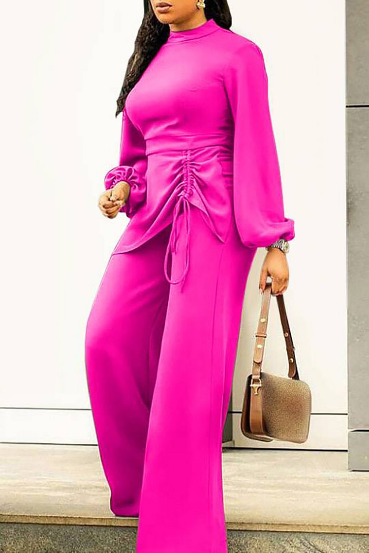 Xpluswear Plus Size Casual Hot Pink Ruched Lantern Long Sleeves Drawstring Wide Leg Jumpsuits