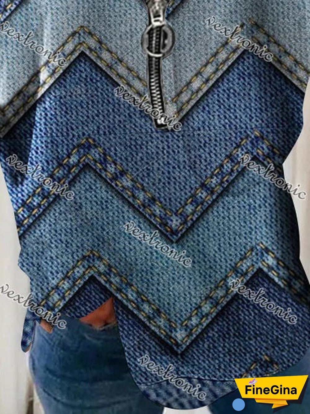 Women's V-neck Long Sleeve Blue Geometric Graphic Printed Top