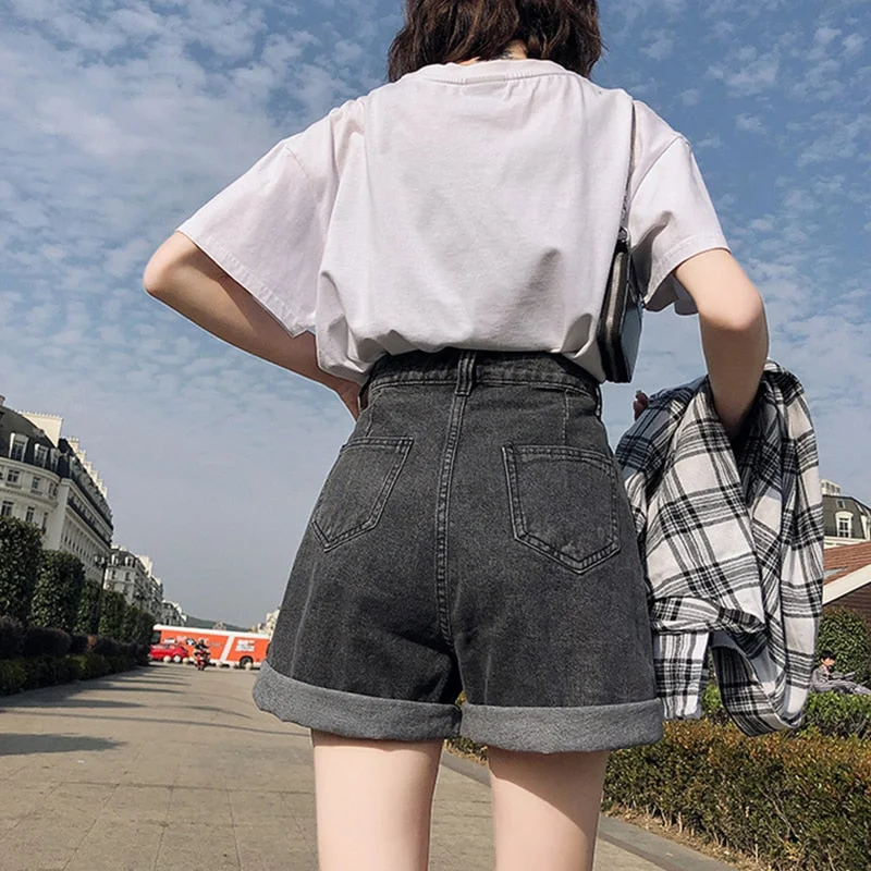 FTLZZ New Summer Women High Waist Button Wigh Leg Jeans Shorts Casual Female Loose Fit Blue Denim Shorts