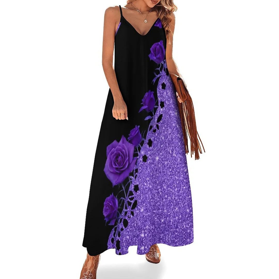 Style & Comfort for Mature Women Plus Size Printed Sling Casual Women Maxi Dress in Pattern Purple, Floral, Glitter