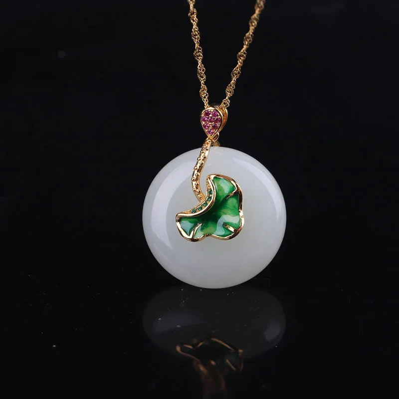 925 Sterling Silver White Jade Lotus Flower Leaf Protection Necklace Pendant