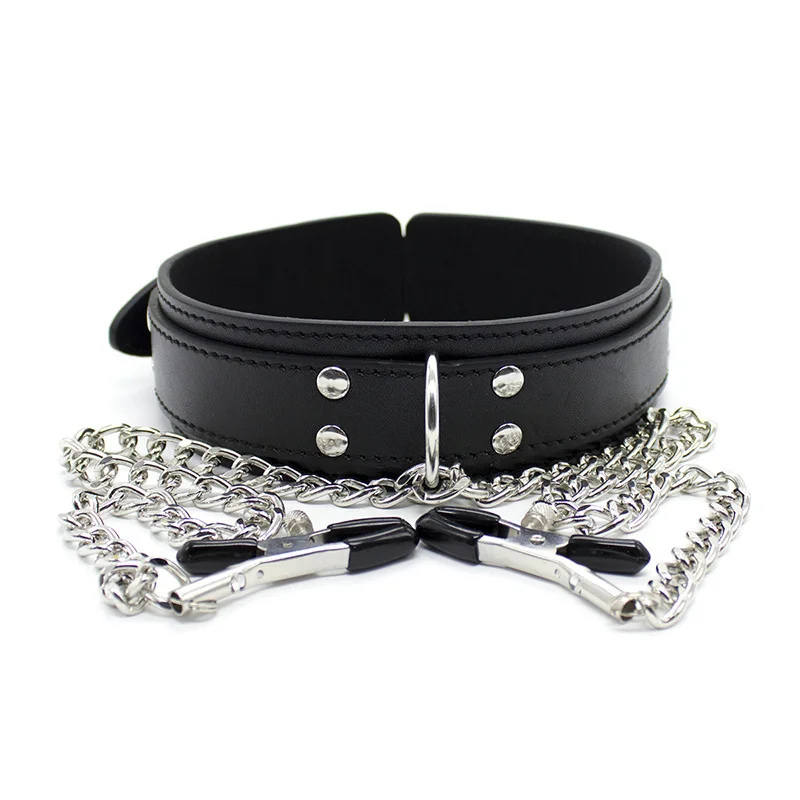 SM Sex Toys with Soft Rubber Liners Metal Chain Bondage Collar Padlock