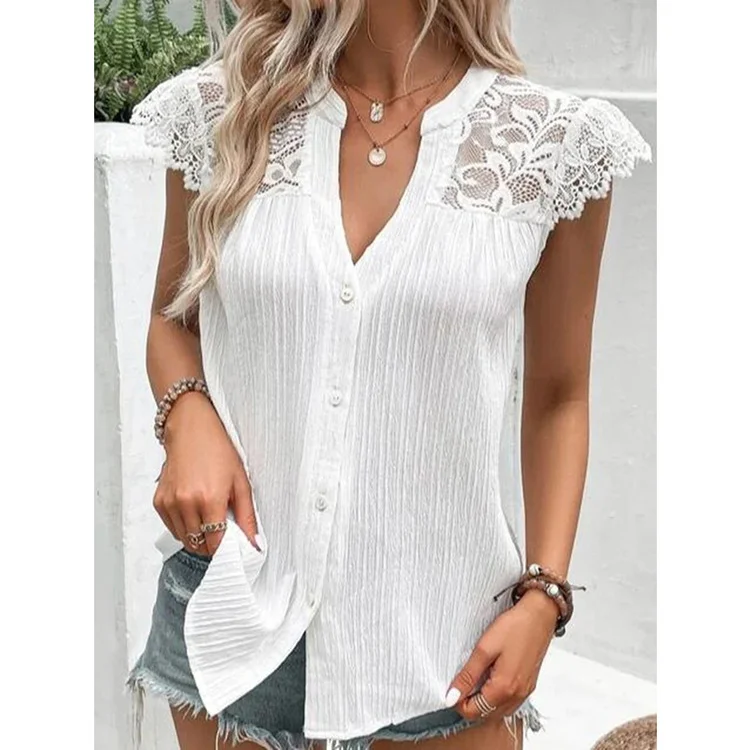 Fashion Solid Lace V-Neck Top
