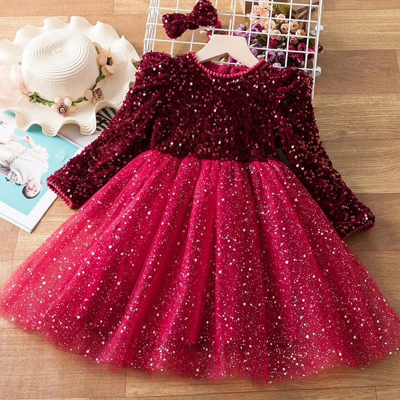 Spring/Autumn Long Sleeve Sequined Shiny Dress For Girls Kid New Year Tulle Cloth 2 Pcs Children Birthday Party Princess Vestido