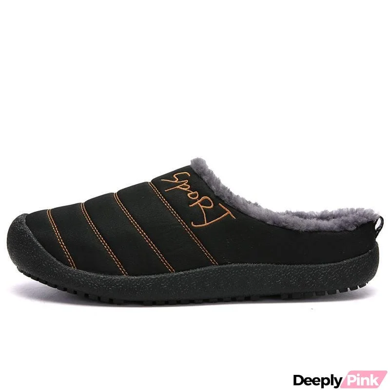 Unisex Striped Letters Embroidered Non-Slip Warmth Waterproof Fleece Lining Slippers