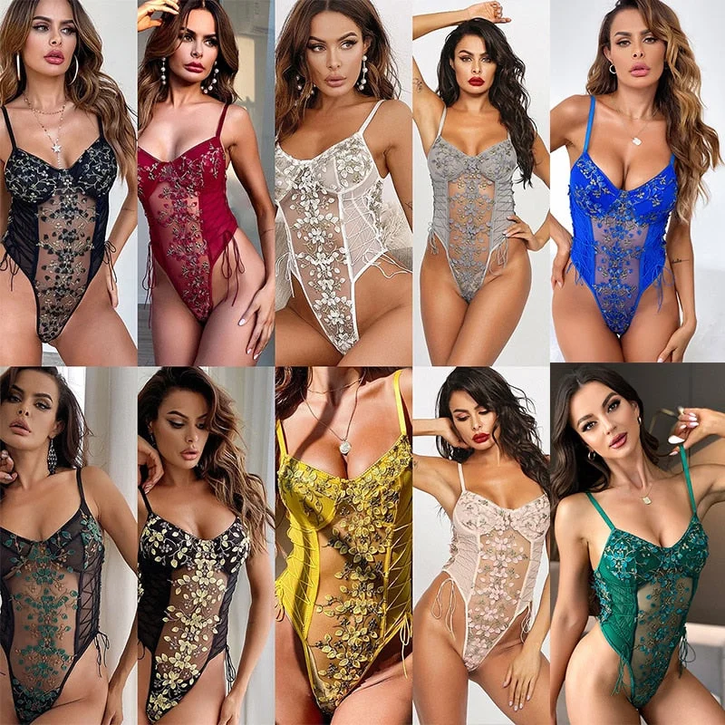 Sexy Bandage Lingerie Women Underwear Lace Corset Mesh Perspective Sexy Nightwear Embroidery Floral Romper One-piece pajamas