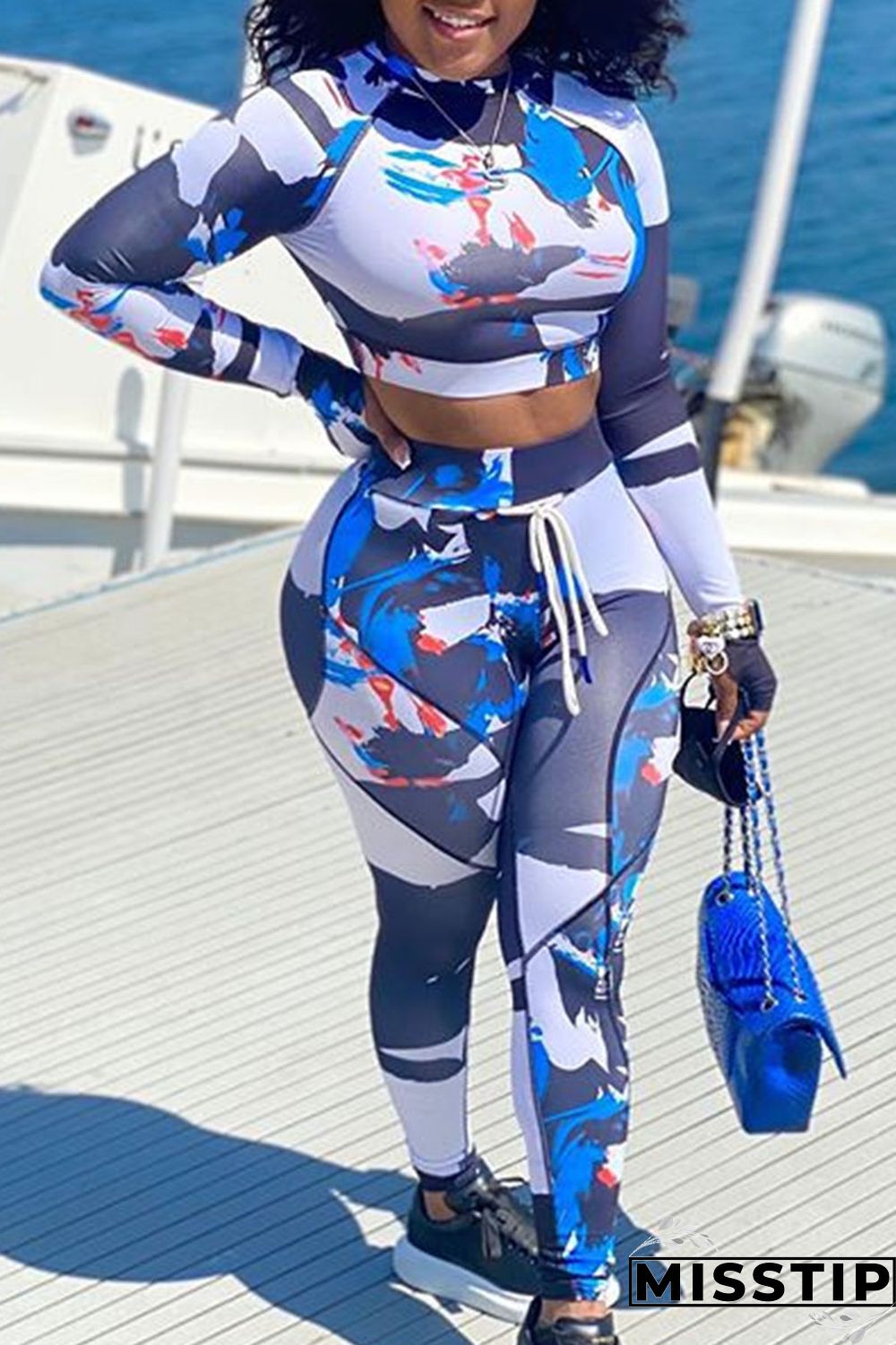 Blue Sexy Print Patchwork O Neck Long Sleeve Two Pieces