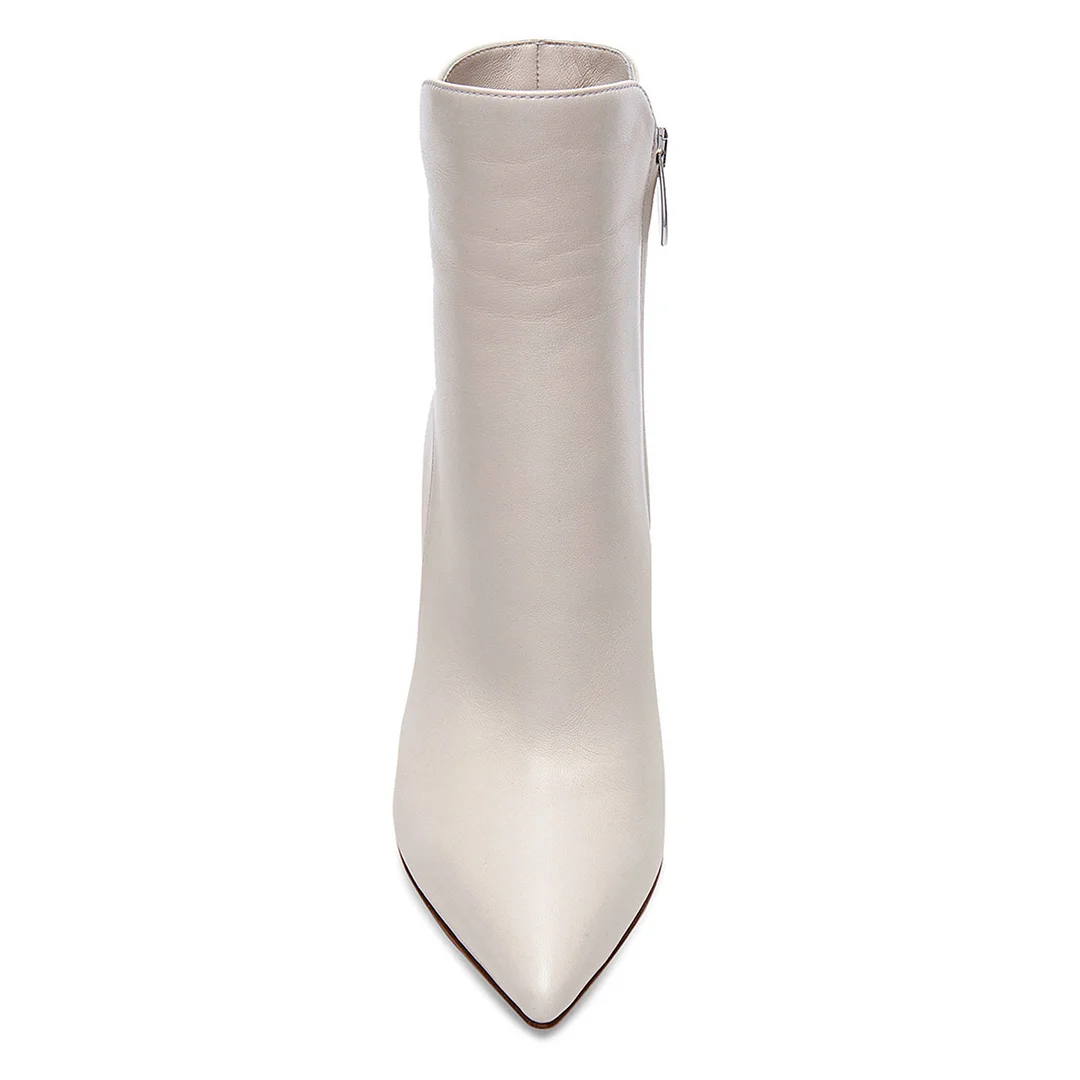 Simple Pointed Toe Side Zipper Stiletto Heeled Ankle Boots in White