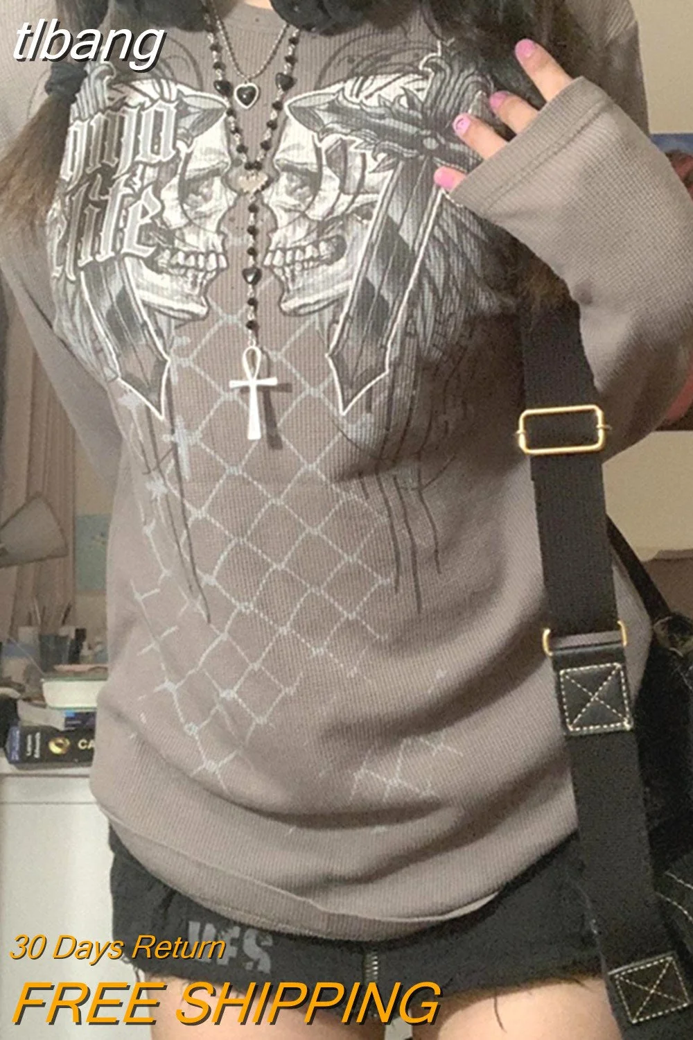 tlbang 2000s Fairy Grunge T Shirt y2k Women Punk Gothic Clothes Skull Print Long Sleeve Tops Autumn Basic E Girl Clothing
