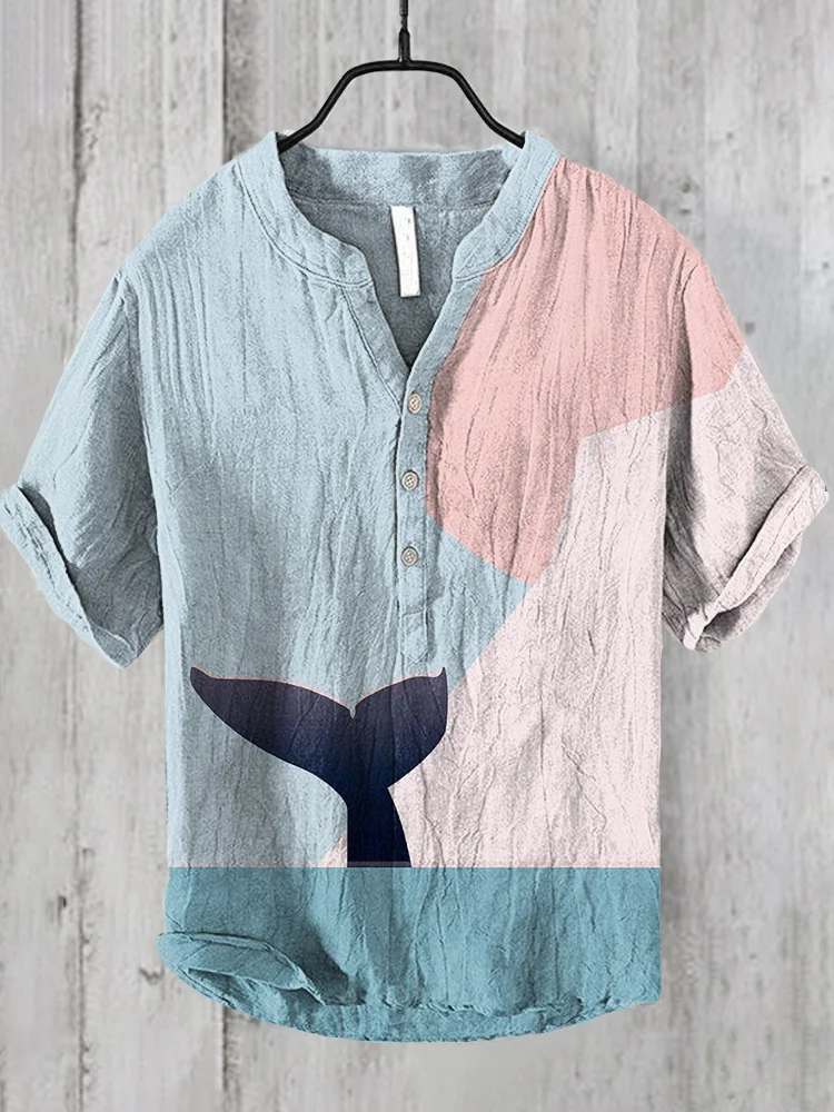 Whale Tail Art Print Linen Blend Casual Shirt