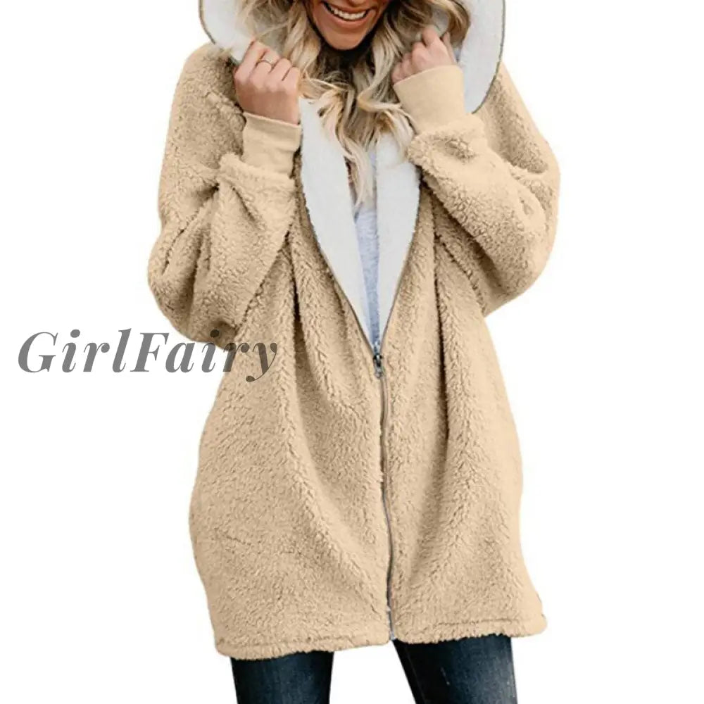 Zipper Faux Fur Coat Women Autumn Winter Warm Solid Soft Long Jacket Outwear Plush Overcoat Pocket