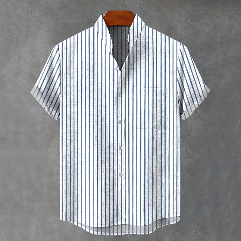 Comstylish Men's Stripe Printed Art Short Sleeve Linen Blend Shirt