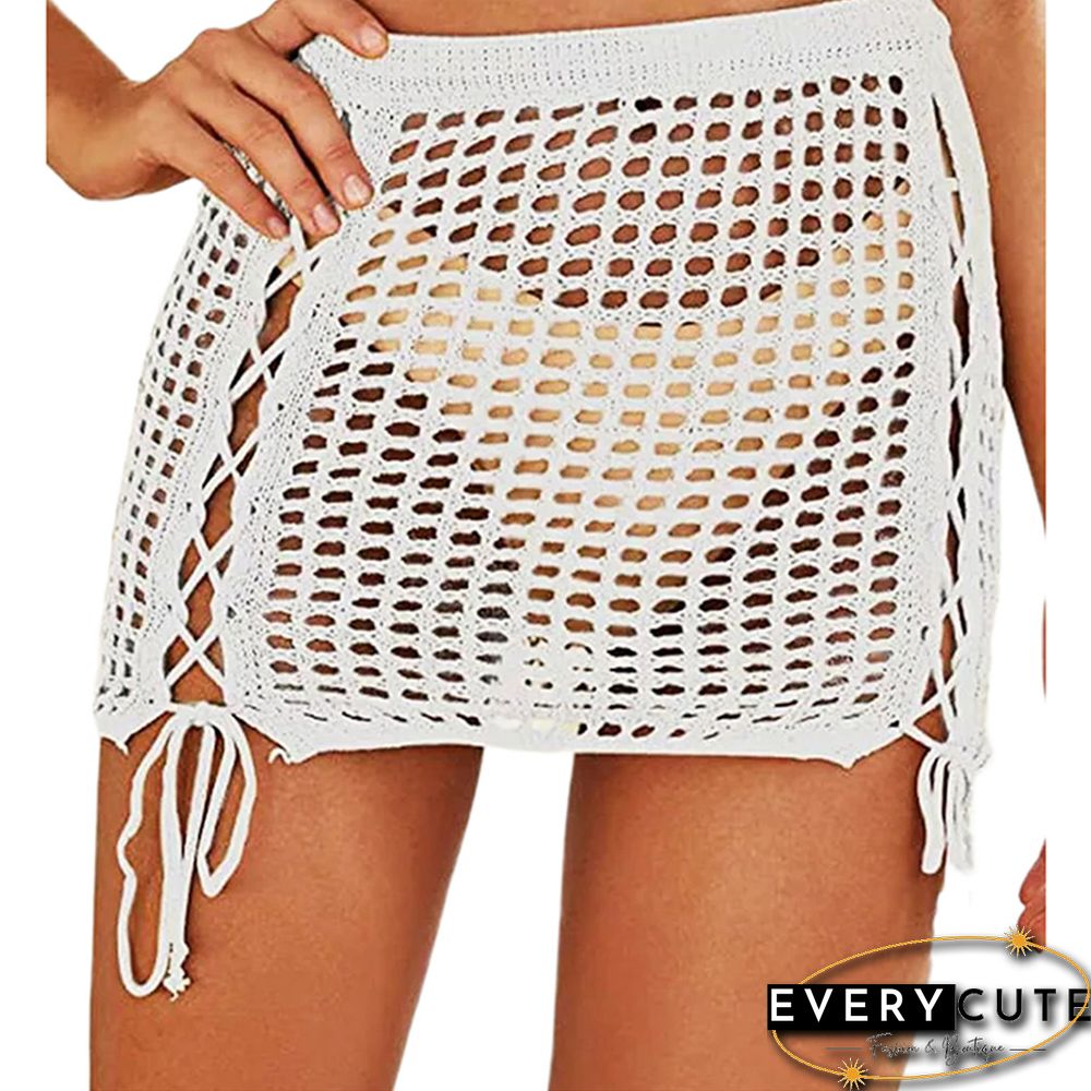 White Hollow-out Side Drawstring Beachwear Mini Skirt