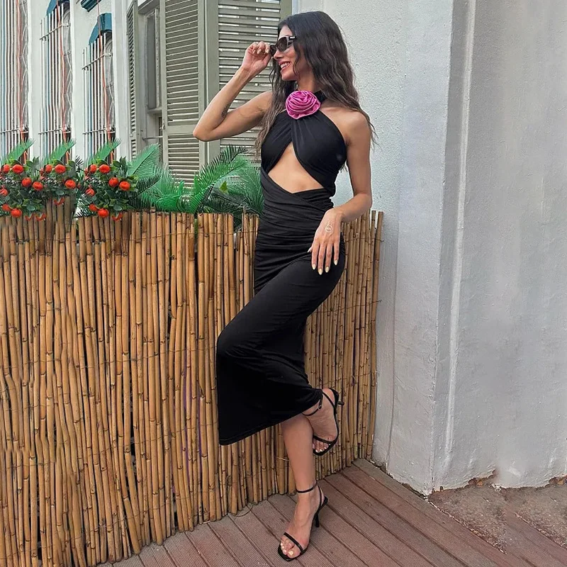 🔥Hollow Out Sexy Halter Midi Dress Sleeveless Flower Slim Summer New Women Backless Bandage Elegant Long Dress Vestidos