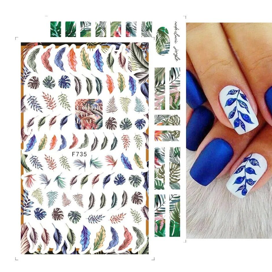 Nail Stickers Back Glue Colorful Flowers Green Leaves Designs Nail Decal Decoration For Nail Tips Beauty-Nail Inspo
