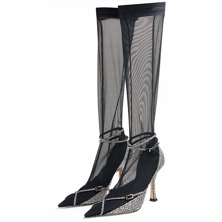 Black Velvet Pumps Women's Rhinestones Heels Pointed Party Shoes |FSJ Shoes