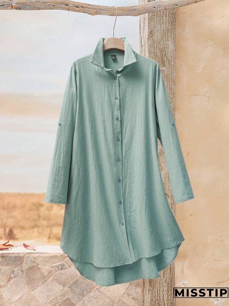 Women's Plain Rolled Cuff Long Sleeve Single-Breasted Casual Shirt Dress For Autumn