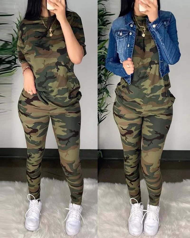 Camouflage Half Sleeve Top & Fitted Pants Set