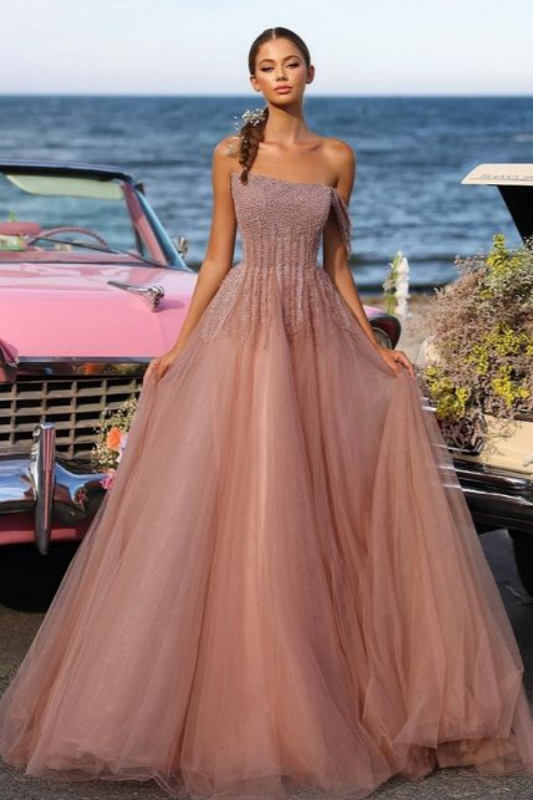 Lisliy Vintage Mauve One Shoulder Sequins Mesh Prom Dress 