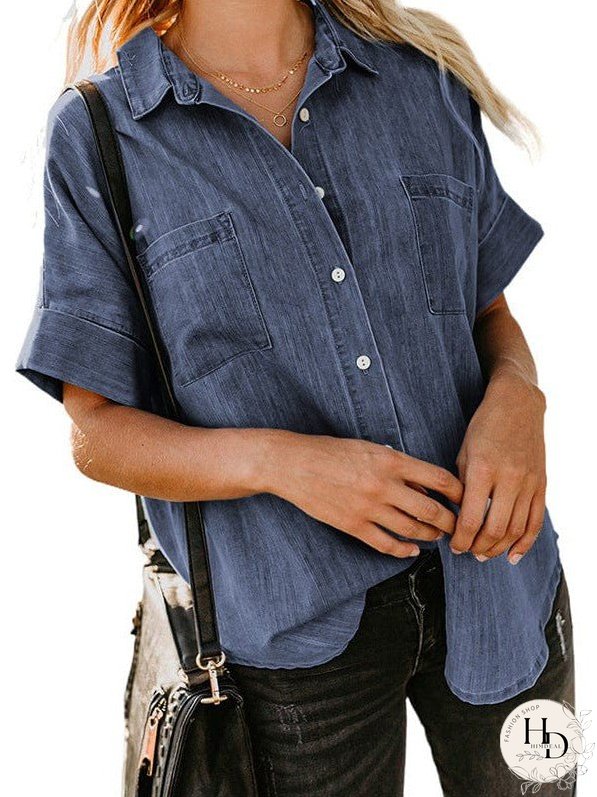 Women's Striped V-Neck Denim Shirt