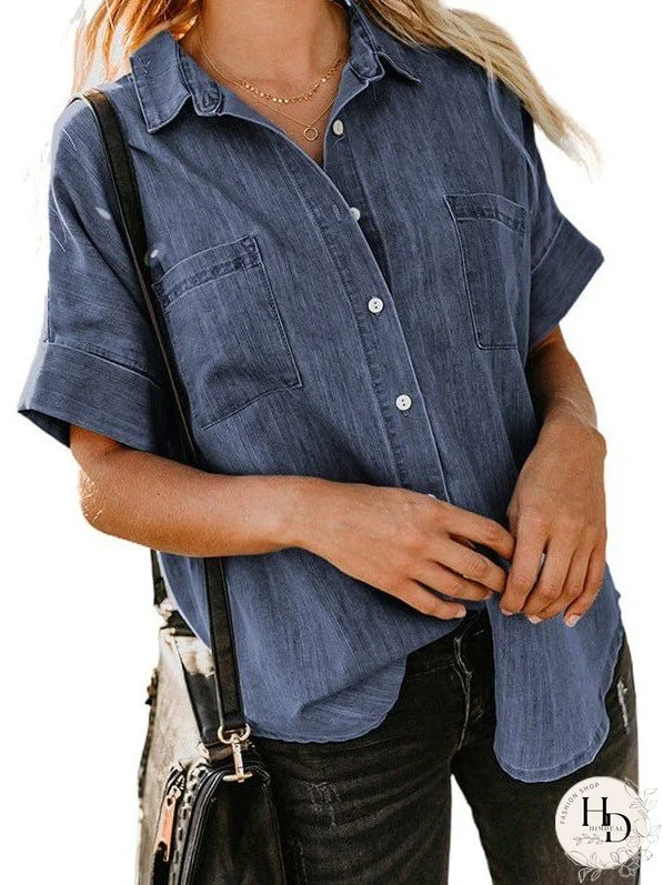 Women's Striped V-Neck Denim Shirt