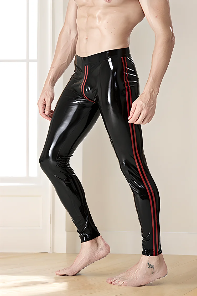 Men's Latex Leggings Male Pouched Zipper-less Black & Red Leggings Double Stripes On The Side Sweatpants