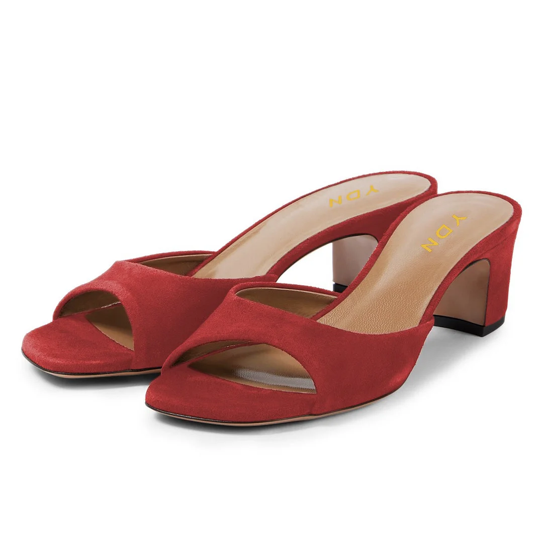 YDN Women's Red Vegan Suede Open Square Toe Slip-On Mule Heels