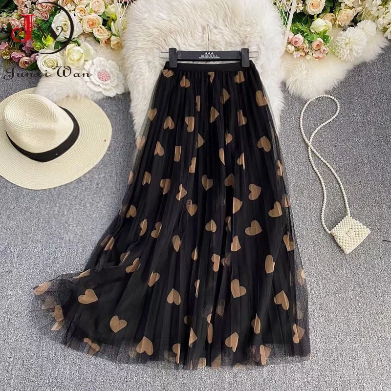 2022 Spring and Summer Mesh Long Women's Skirts High Waist Love Printed Elegant A-Line Pleated Skirt Fashion New