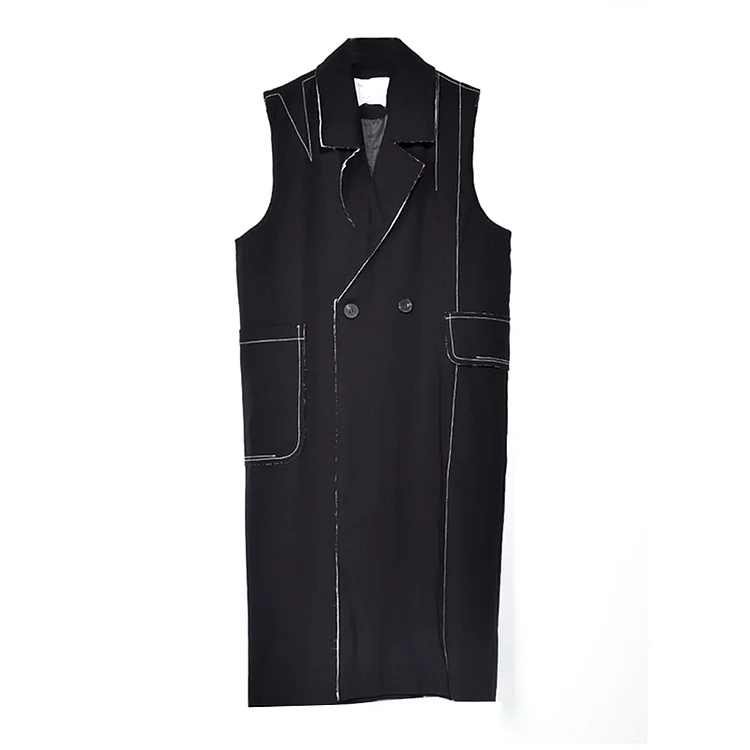 Casual Black Lapel Contrast Color Line Decor Double Breasted Pockets Split Back Vest