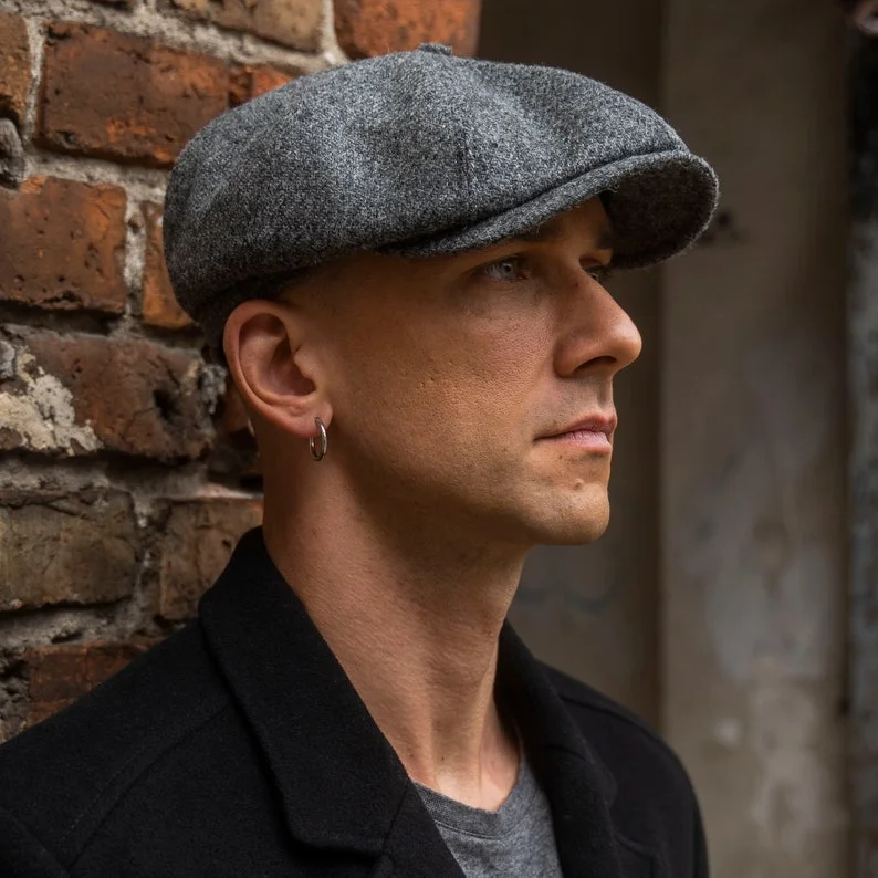 SHELBY Harris Tweed Genuine Scottish 8 Panels Newsboy PEAKED  Cap Applejack Bandit Hooligan Vintage Gangster Wool Fall Hat MID GRAY