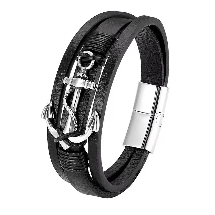 Stainless Steel Anchor Leather Bracelet