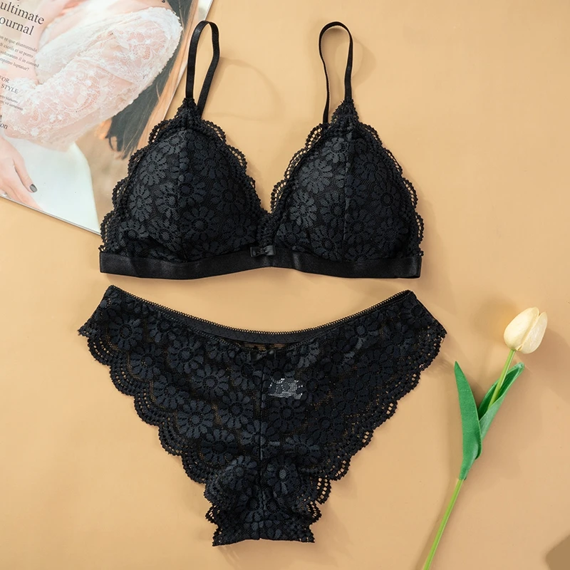 Dzgolf Women's Bra Set Sexy Beauty Back Tops Lace Push-up Bras and Panty Sets Wire Free Lingerie Solid Padded Intimates Underwear